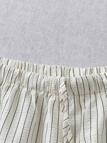 SHEIN PETITE CURVE Women's Striped Casual Pants, Bubble Pleated Fabric, Drawstring Waist, Relaxed Straight Leg, Casual & Romantic