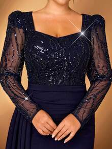 Serin Đầm dạ hội cỡ lớn sang trọng, thanh lịch màu xanh navy, đính sequin, thêu họa tiết, cổ bất đối xứng, tay dài, xếp ly, vạt áo kiểu đuôi cá, thích hợp cho tiệc tối, tiệc độc thân, hẹn hò, dạ hội, kỳ nghỉ, đám cưới, mẹ cô dâu, khách mời, ngày Valentine. - Màu xanh hải quân - Xem 2