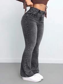 SHEIN CURVE+ Jeans évasés casual polyvalents avec poche de blocs de couleurs, grande taille. Jeans évasés haute taille, délavés neige, pour Noël, Nouvel An. Jeans évasés adaptés au bureau en hiver - Bleu azur - Voir 4