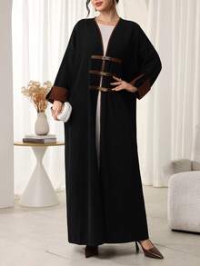 Al Najma Women's Fashionable & Elegant Contrast Trim Arabic Abaya Winter Open Abaya Abayas Muslim Women Black Kimono Luxury Abayas Abayas Dubai Abayas Dubai Luxury Butterfly Abaya - Black - View 2
