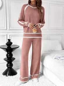 SHEIN LUNE 2pcs Women Casual Loose Contrast Color Sweater Set - Red - View 3