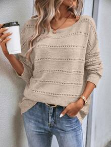 EMERY ROSE Women's Solid Color Boat Neck Dropped Shoulder Long Sleeve Hollow Knit Pullover Sweater, Autumn/Winter - Apricot - View 5