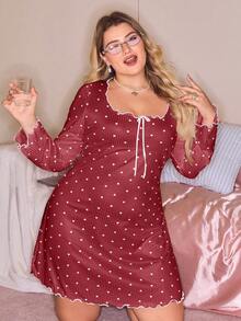 Slumberry CURVE Plus Size Sweet Ins Heart Print Ribbed Contrast Trim Comfortable Nightgown, Winter - Burgundy - View 6