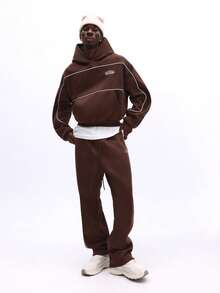 SUMWON Regular Pullover Hoodie With Front Pocket And Contrast Piping Casual Sweatshirt - Brown - View 3