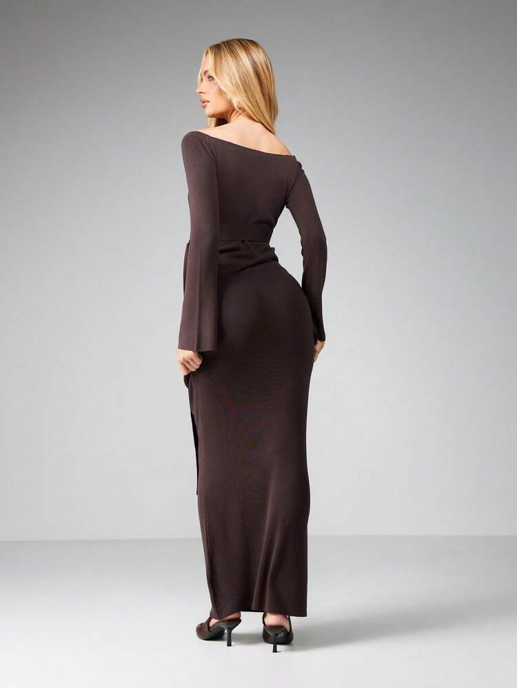 MISSGUIDED Off Shoulder Long Sleeve Tie Waist Knit Top And Maxi Skirt Ribbed Two Piece Coordinate Set For Fall Winter