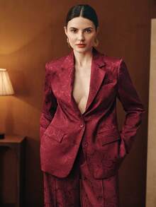 Anewsta 女士腰果色提花翻领长袖单排扣优雅西装外套 - 酒紅色 - 查看 5