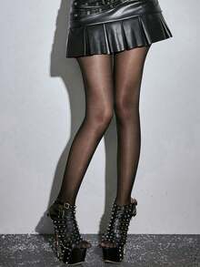 ROMWE Grunge Punk 1双简约黑色丝袜+1双可爱波点丝袜，2双日常百搭基础款连裤袜组合，性感超薄弹力丝袜 - 黑色 - 查看 6