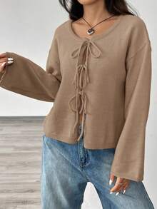 SHEIN EZwear 女士纯色打结长袖开衫，通勤、简约、办公、复古、简约风格，女士系带腰带纯色针织开衫，可搭配T恤、长袖上衣，秋冬季上学上衣 - 卡其色 - 查看 3