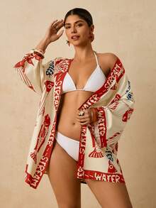 Travachic Plus Size Women's Apricot Ocean Fish Print Chiffon Kimono , Loose Mid-Length Sleeve Romantic Early Spring Beach Thermal Spring Pattern Women's Beach Kimono Summer 2026 Beach - Apricot - View 2