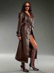 Normani Women's Solid Color Lapel NeckLong Sleeve PU Leather Long Loose Trench Coat - Coffee Brown - View 3