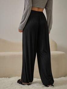 HautHeat Damen einfarbige Palazzo Hose mit Taillenbindung, weite Passform, Loungewear, Herbst & Winter - Schwarz - Übersicht 2
