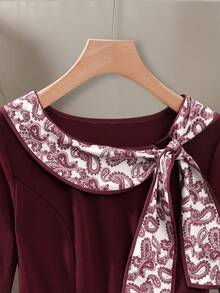 SHEIN Franclia 女式优雅对比佩斯利印花领结长袖连衣裙（配腰带） - 紫色 - 查看 6