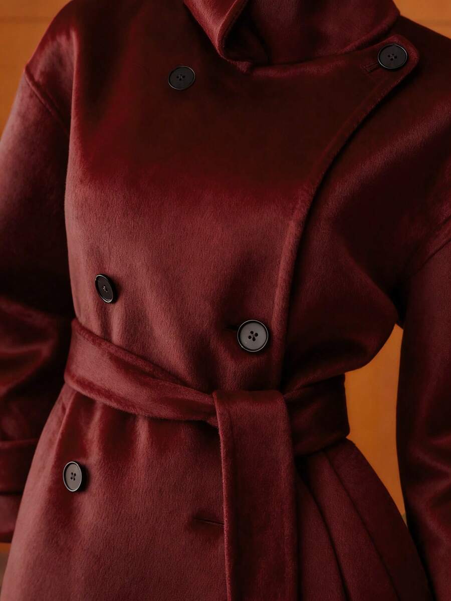 MOTF PREMIUM WOOL DOUBLE BREASTED PLACKET BELTED OVERCOAT - Burgundy - View 2