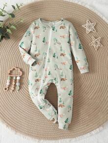 SHEIN 1 件婴幼儿男童长袖连体睡衣，柔软面料，动物印花，可爱风格 - 彩色 - 查看 2