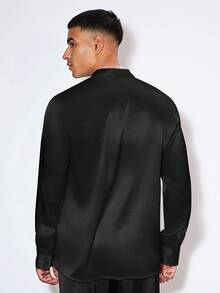 HIMLAND Áo sơ mi nam cổ lệch, chất liệu taffeta dệt kim, thích hợp cho các lễ hội, đám cưới, tiệc tùng, lễ hội âm nhạc, áo sơ mi lụa satin ban đêm. - màu đen - Xem 2