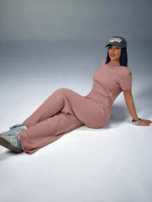 CasuGlow Women Comfy Cozy Drawstring Knit Top And Knit Short 2pcs Two Pieces Set - Dusty Pink - View 4