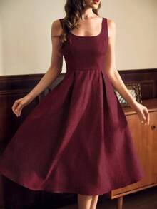 Vintamour Conjunto vintage elegante de 2 piezas para dama, vestido de tirantes con cuello cuadrado y línea A, y chaqueta corta de manga larga, con decoración de botones de perlas falsas - Burdeos - Ver 5