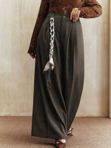 Anewsta بنطلون واسع الساق مزين بخرز أنيق وأنيق للنساء، بنطلون ماكسي عالي الخصر كوري جديد لخريف 2025 مع تنحيف وتدريج، مقاسات كبيرة - قهوة بني - مشاهدة 4