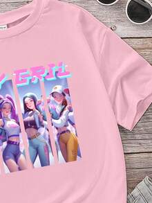 Sparklyn Tween Girl Pink T-Shirt, Spring/Summer, Cute & Cool Anime Purple Girl Pattern, All-Match Versatile Everyday Wear, Featuring Cartoon K-POP Girl Design And K-POP Logo, Pink T-Shirt, Suitable For Autumn/Winter - Pink - View 6