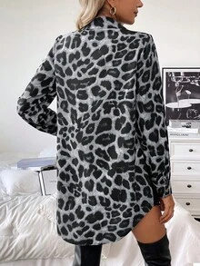 EMERY ROSE Women's Leopard Print Party Autumn And Winter Music Festival Casual Home Date Black Sequin Button Splicing Color Block Loose Long Sleeve Shirt - Grey - View 2