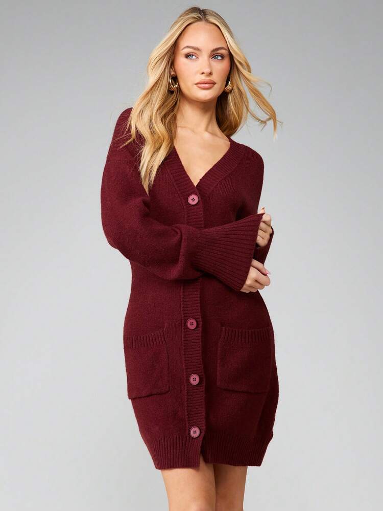 MISSGUIDED Burgundy Ribbed Knit Button Front Long Sleeve V Neck Cardigan Mini Sweater Dress Fall Winter