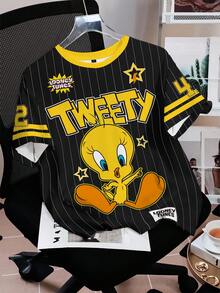 LOONEY TUNES X SHEIN Women's Summer Striped Letter & Cartoon Print Short Sleeve T-Shirt