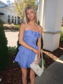 Sydney Algeri 2pcs/Set Women Strapless Asymmetric Ruffled Elegant Top And Pants - Blue - View 6