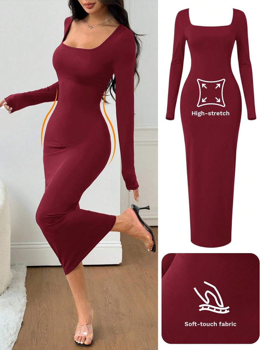 SHEIN PETITE 女士秋冬基础款针织灰色修身方领长袖连衣裙 - 酒紅色 - 查看 1