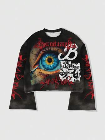 Street Life Herren T-Shirt mit Slogan- und Augen-Grafik, Rundhalsausschnitt, lockerer Passform und langen Ärmeln