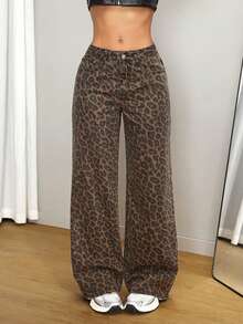SHEIN Tall 时尚休闲豹纹阔腿直筒女式牛仔裤 - 棕色 - 查看 7