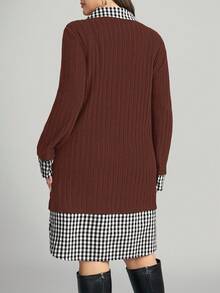 SHEIN LUNE Vestido casual holgado de manga larga a cuadros y de punto elástico en talla grande 2 en 1 - Café integral - Ver 2