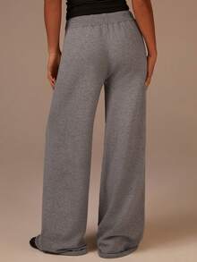 Athîral Women's Gray Wide Leg Knit Pants, High Waist Lounge Trousers Casual Soft Elastic Waistband Relaxed Fit Sweatpants, Wide Leg Sweatpants, Sweat Pants For Woman, Gray Sweatpants, Grey Pants, Lounge Pants - Grey - View 2