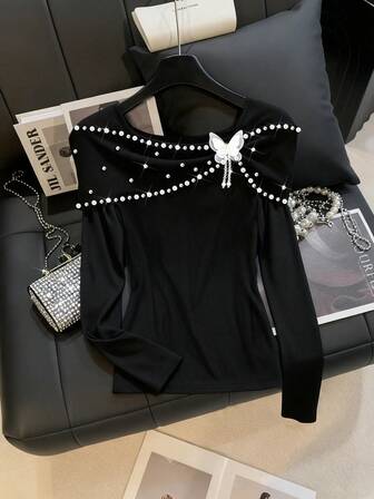 Regalyn Christmas Plus Size Beaded & Rhinestone Embellished Off-Shoulder Long Sleeve T-Shirt