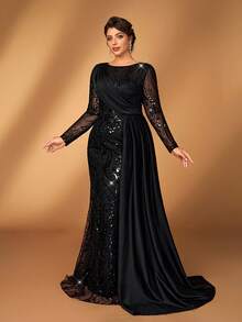 Serin Đầm dạ hội cỡ lớn sang trọng, thanh lịch màu đen, chất liệu satin thêu sequin, cổ tròn, tay dài, dáng đuôi cá bất đối xứng, phù hợp cho tiệc tối, tiệc độc thân, hẹn hò, dạ hội, kỳ nghỉ, đám cưới, mẹ cô dâu, khách mời, ngày Valentine. - màu đen - Xem 4