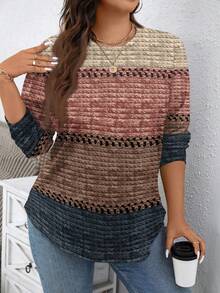 EMERY ROSE Thanksgiving Autumn Merlot Color Textured Striped Print Casual Minimalist Plus Size Crew Neck Loose Sweatshirt, Autumn/Winter New Year Party - Multicolor - View 3
