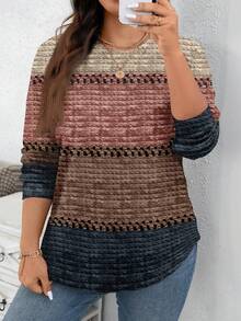 EMERY ROSE Thanksgiving Autumn Merlot Color Textured Striped Print Casual Minimalist Plus Size Crew Neck Loose Sweatshirt, Autumn/Winter New Year Party - Multicolor - View 5