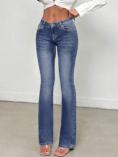 SHEIN Tall Low Waist Vintage Washed Blue Flare Jeans, 98% Cotton, Slim Fit