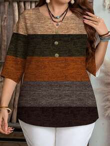 EMERY ROSE Plus Size Casual Contrast Striped Shirt, Suitable For Summer,Spring/Vacation - Multicolor - View 3