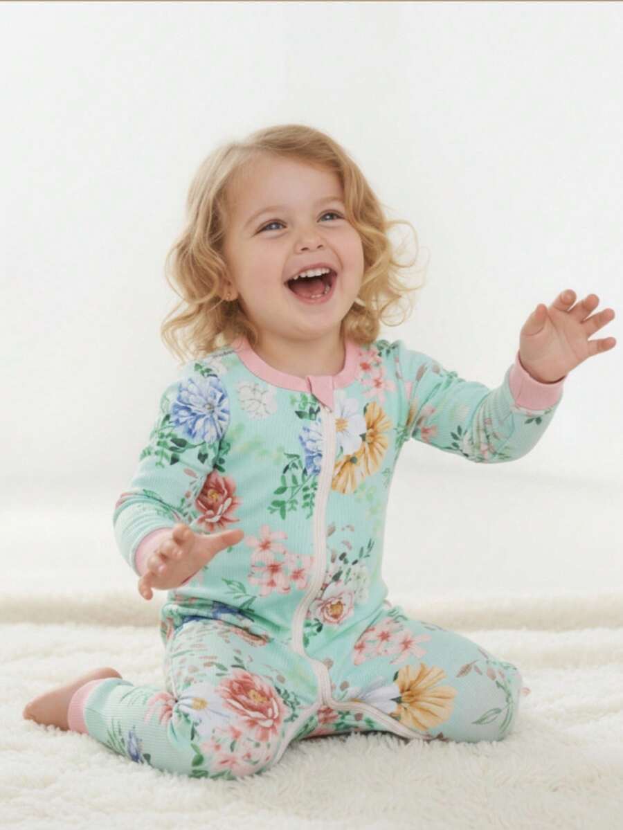 Infant/Baby Girl Floral Print Comfortable Long Sleeve Jumpsuit Home Wear - Multicolor - View 1