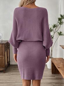 SHEIN LUNE 女士纯色灯笼袖罗纹针织毛衣连衣裙 - 紫色 - 查看 2