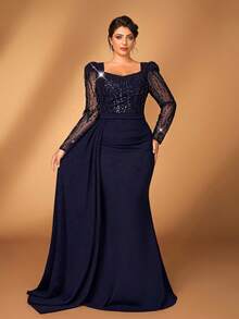 Serin Đầm dạ hội cỡ lớn sang trọng, thanh lịch màu xanh navy, đính sequin, thêu họa tiết, cổ bất đối xứng, tay dài, xếp ly, vạt áo kiểu đuôi cá, thích hợp cho tiệc tối, tiệc độc thân, hẹn hò, dạ hội, kỳ nghỉ, đám cưới, mẹ cô dâu, khách mời, ngày Valentine. - Màu xanh hải quân - Xem 6