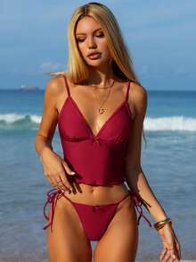 Swim Mod Maillot de bain tankini pour femmes de couleur rouge unie avec décoration de nœud, design simple, pour le printemps et l'été à la plage - Rouge foncé - Voir 2