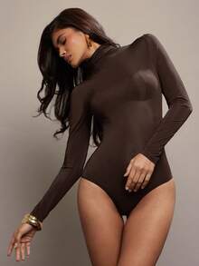 Hauture Women's Sexy Minimalist Solid Color High Neck Long Sleeve Bodysuit, Spring/Summer/Autumn - Brown - View 6
