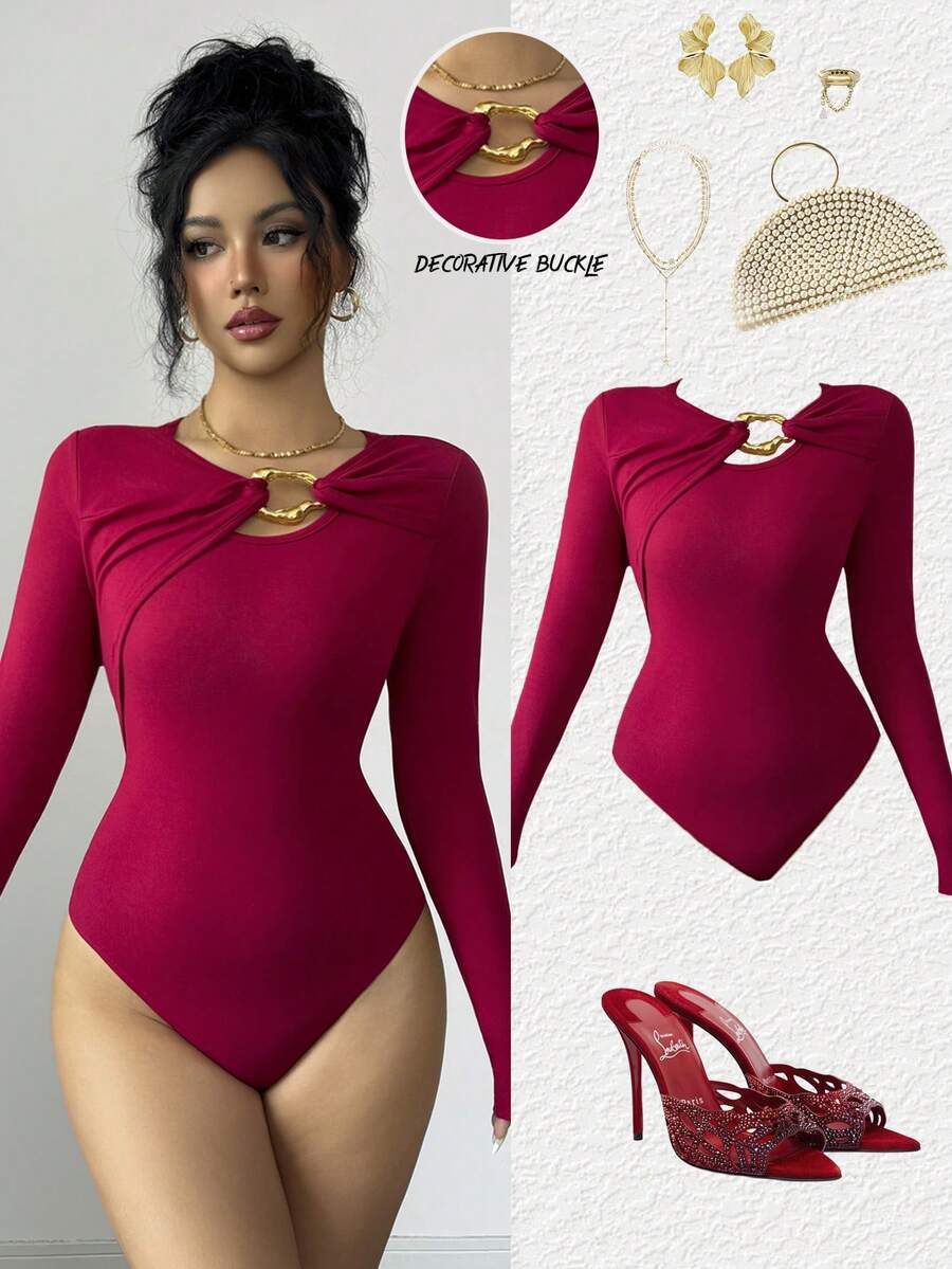 SHEIN Elenzya 优雅褶皱设计金属扣长袖连体衣，休闲日常穿着，适合圣诞节、新年派对、婚礼等场合，时尚红色女士连体衣 - 酒紅色 - 查看 1