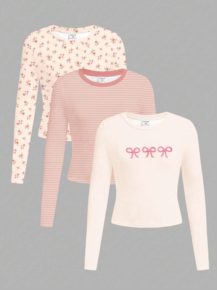 SHEIN Leap Crew 3pcs/Set Cream-Colored Bohemian Floral, Soft Pink Striped, Bow Accent Graphic Slim Fit Long Sleeve T-Shirts, Casual & Comfortable Autumn/Winter Tops For Teen Girls, Suitable For Daily Wear, Loungewear, And Layering - Multicolor - View 1