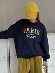 DAZY Tween Girls Crew Neck Knit Fleece Sweatshirt With Embroidered Letter - Navy Blue - View 7