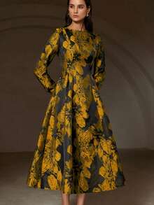 Revavyn Đầm xòe Jacquard cổ tròn tay dài phong cách cổ điển thanh lịch - Vàng - Xem 5