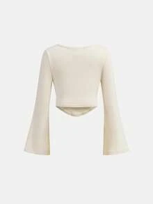 SHEIN Young Girl Fashionable Fitted Casual Round Neck Ruffle Flare Sleeve Long Sleeve T-Shirt, Suitable For Autumn/Winter Everyday, Home, Party, Matching Sister