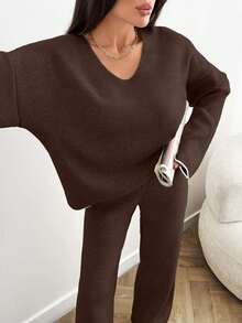 EURMUSE Women's Ribbed Knit Sweater Beige Pullover Suitable For Winter - Brown - View 2