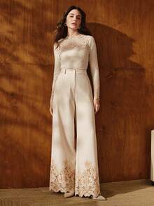 Anewsta Maglietta aderente da donna con scollo asimmetrico e maniche lunghe con dettagli traforati, autunnale - Albicocca - Visualizzare 5